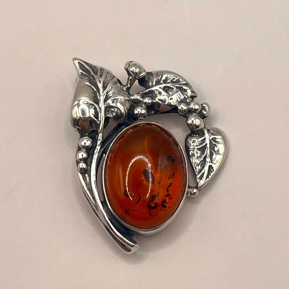 Vintage Amber Cabochon Silver Leaf Brooch - Orange